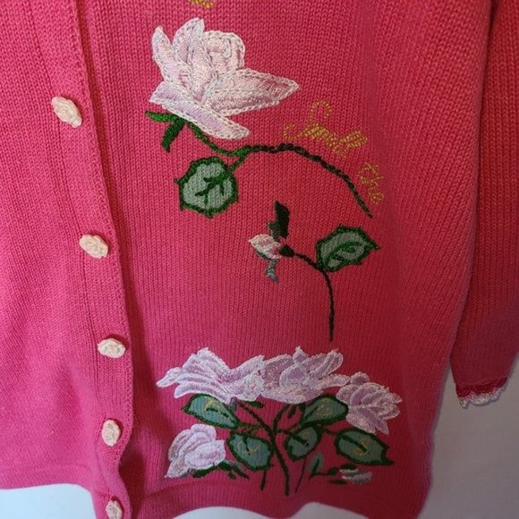 Storybook Knits Pink Cardigan Sweater Roses L - Picture 5 of 14